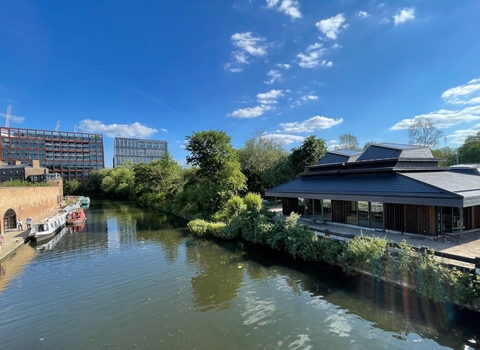 Camley Street canal and city view 2021