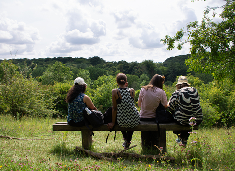 Four women sitting on a bench in a meadow looking out towards some trees