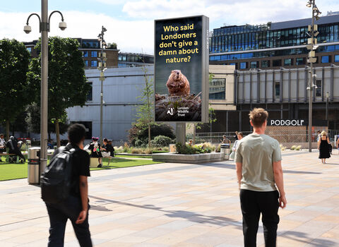 People walk through Westfield beside a digital London Wildlife Trust billboard showing a beaver with the message, “Who said Londoners don’t give a damn about nature?”